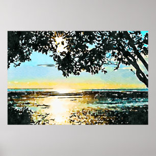 Poster Paysage marin aquarelle au lever du soleil