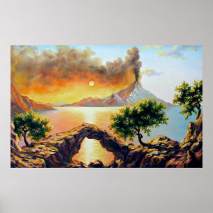 Poster Paysage marin avec l'éruption du volcan, huile sur