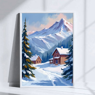 Poster Paysage Montagnard de Chalet de Ski Aquarelle Hive