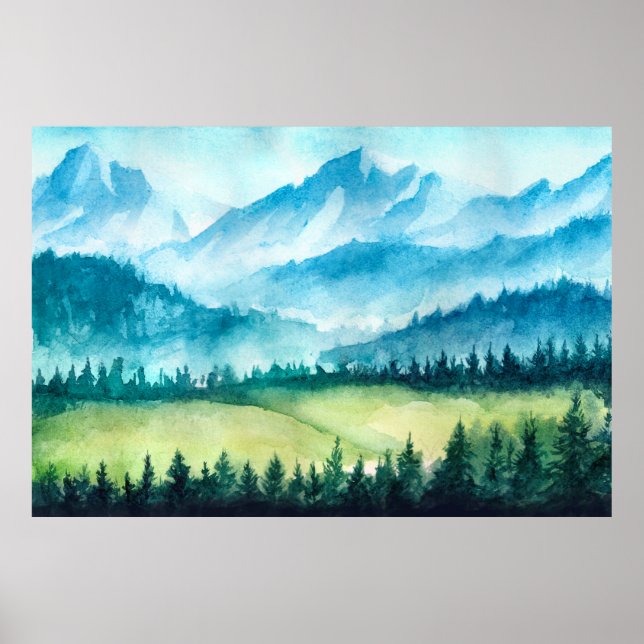 Poster Paysage montagneux. Illustration aquarelle. (Devant)