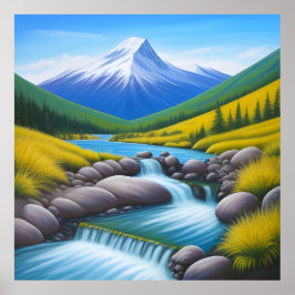 Poster Paysage montagneux serein avec ruisseau en cascade