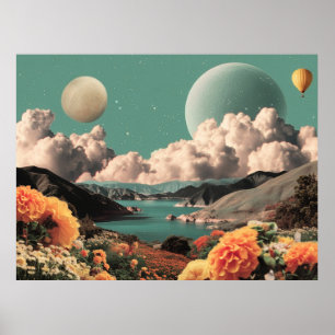 Poster Paysage montagneux surréaliste avec planètes et nu