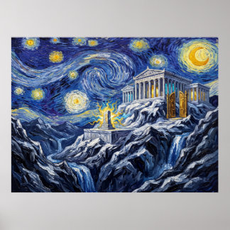 Poster Paysage mythologique nocturne étoilé du mont Olymp