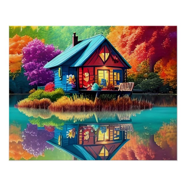 Poster Paysage naturel avec lac, chalet, automne (Devant)