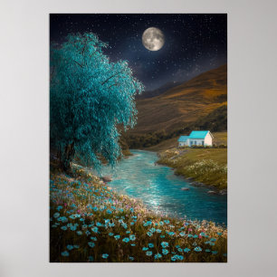 Poster Paysage nocturne enchanté - Scène de rivière oniri