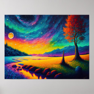 Poster Paysage nocturne surréaliste et coloré