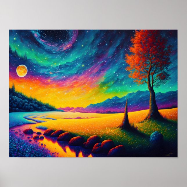 Poster Paysage nocturne surréaliste et coloré (Devant)