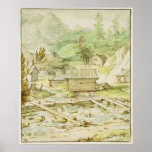 Poster Paysage nordique avec la hutte et le déversoir en