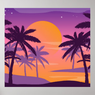 Poster Paysage panoramique : coucher de soleil avec palmi