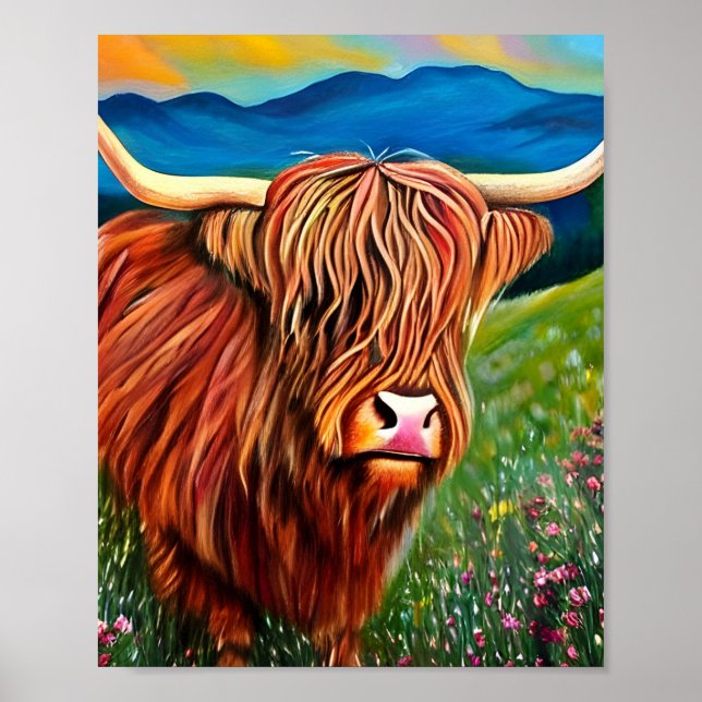 Poster Paysage Peinture de vache Highland (Devant)