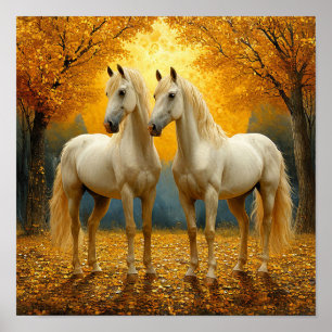 Poster Paysage romantique de forêt automnale aux chevaux 
