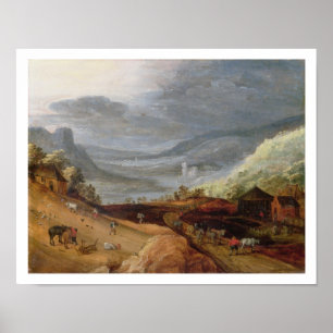 Poster Paysage rural avec un cheval fermier Bridling, un