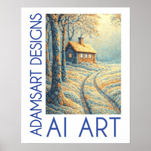 Poster Paysage serein de chaumière hivernale - Art IA