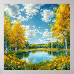 Poster Paysage serein de lac panoramique avec arbre jaune