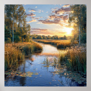 Poster Paysage serein du lac de la forêt, reflets de la n