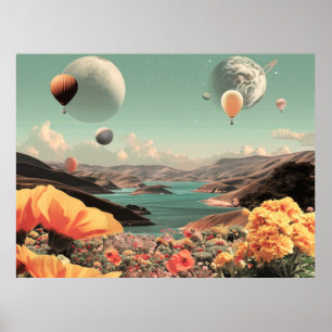 Poster Paysage surréaliste avec ballons aériens et lune