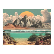 Paysage surréaliste d'océan et de montagnes avec d