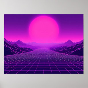 Poster Paysage Synthwave Rétro Onde Cyberpunk Ambiance 80