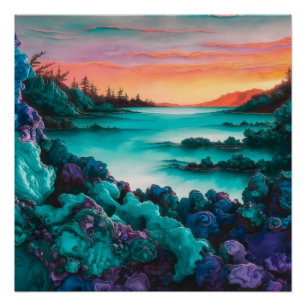 Poster Paysage Turquoise avec Encre d'alcool Détails