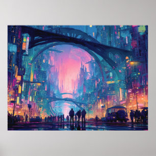 Poster Paysage urbain cyberpunk futuriste avec des arches