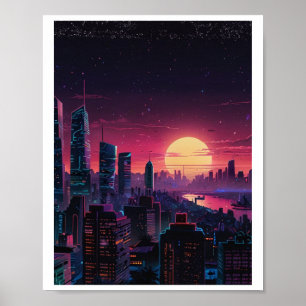 Poster Paysage urbain cyberpunk Vaporwave – Art de la sky