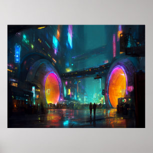 Poster Paysage urbain cyberpunk vibrant avec des arches