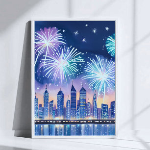 Poster Paysage urbain de feux d'artifice   Aquarelle numé