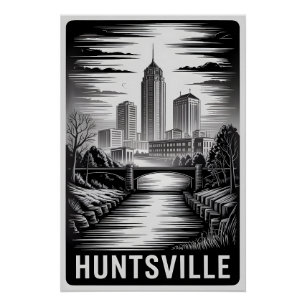 Poster Paysage urbain de Huntsville Alabama en noir et bl