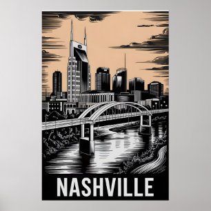 Poster Paysage urbain de Nashville Tennessee en noir et b