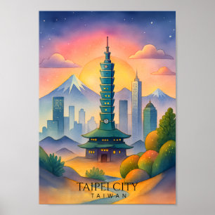 Poster Paysage urbain de Taipei Taïwan aquarelle