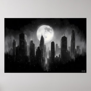 Poster Paysage urbain de ville sous la lune avec pleine l