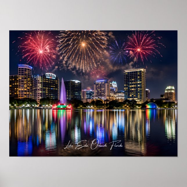 Poster Paysage urbain d'Orlando Floride avec feux d'artif (Devant)