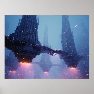Poster Paysage urbain futuriste avec des structures flott