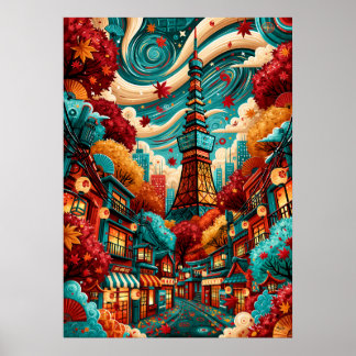 Poster Paysage urbain psychédélique de Tokyo Tower