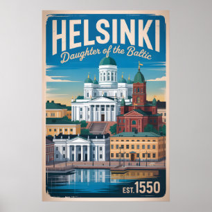 Poster Paysage urbain rétro de Helsinki en Finlande pour