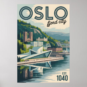 Poster Paysage urbain rétro de la ville d'Oslo Norvège Vo