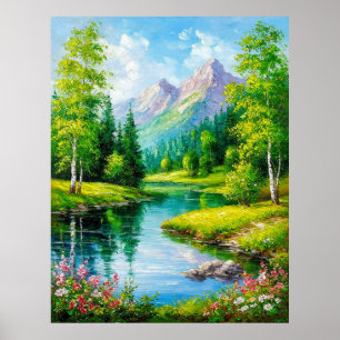 Poster Paysage Vivant Avec Montagnes, Scène de Rivière