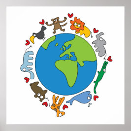 Poster Peace And Love Cute Cartoon Animaux du monde