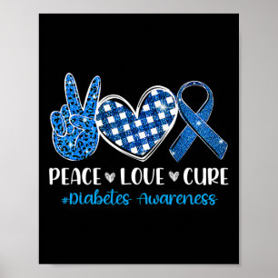 Poster Peace Love Cure Grey Blue Ribbon Prix du diabète