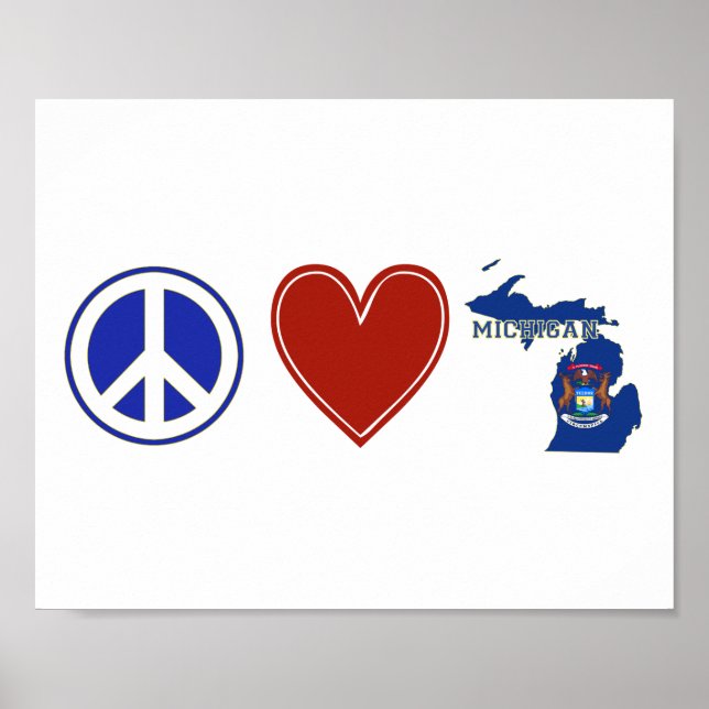 Poster Peace Love Michigan avec drapeau en forme d'état (Devant)