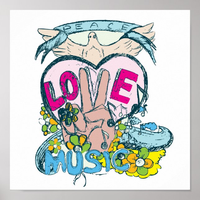 Poster peace love musique rétro hippie vectorielle art (Devant)