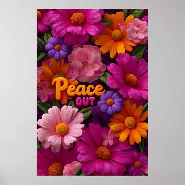 Poster Peace Out Hippie Floral Neon Peace Sign Pattern (Devant)