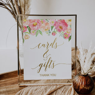 Poster Peach and Pink Peony Flowers Cards and Gifts Sign
