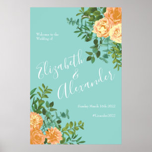 Poster Peach & Aqua Peony Rose Mariage Floral