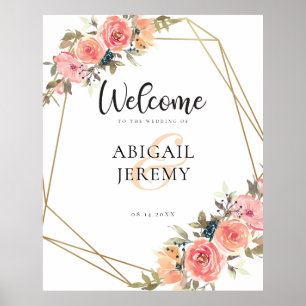 Poster Peach Florals rose Or Frame Mariage Bienvenue