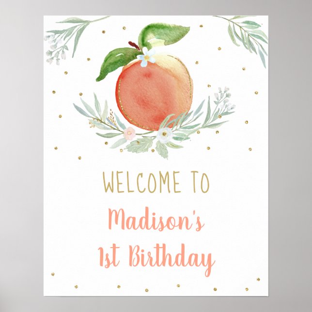 Poster Peach Gold Floral Anniversaire Bienvenue (Devant)