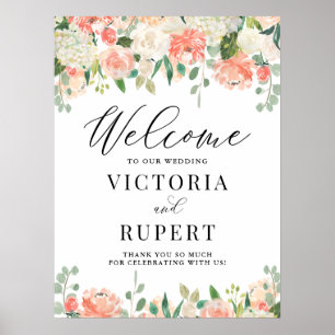 Poster Peach Ivory Peony et Hydrangea Mariage Bienvenue