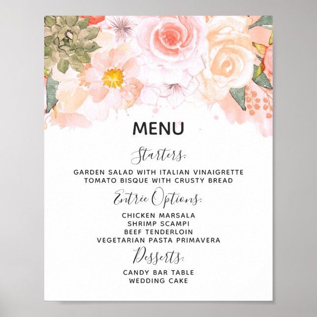 Poster Peach & Mint Succulents Mariage Menu Panneau Table (Devant)