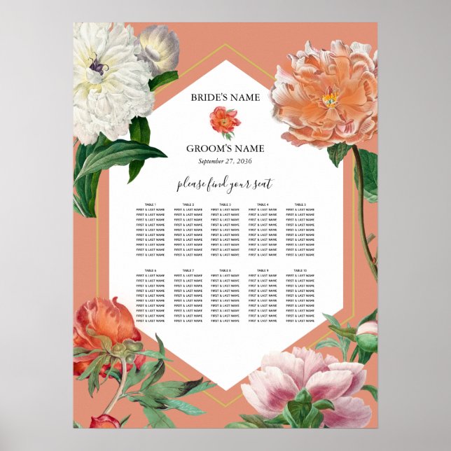 Poster Peach Pink Peonies Fleurs Mariage Seating Chart (Devant)
