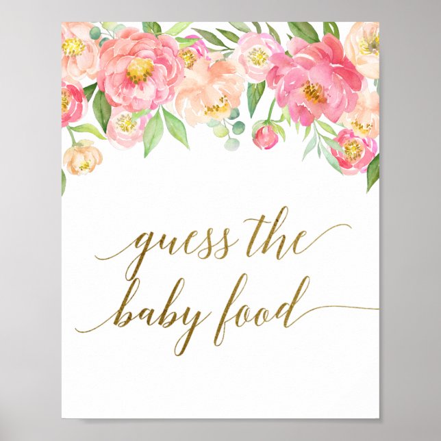 Poster Peach & Pink Peony Flower Guess the Baby Food Sign (Devant)